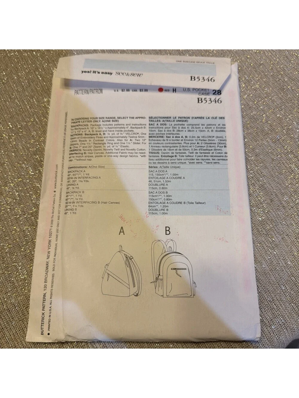 See & Sew B5346 Easy Sewing Pattern Backpack in 2 Styles UNCUT